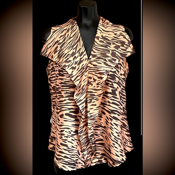 CAbi Tops - CAbi 100% Silk NWOT Sleeveless Ruffle Blouse Feminine & Casual Tiger Print sz M!